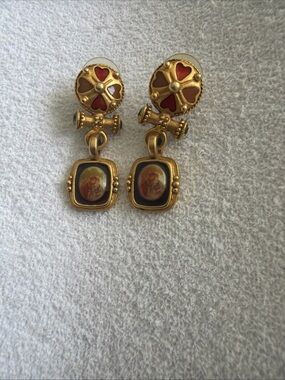 Gold-Tone Drop Earrings with Red Enamel Accents